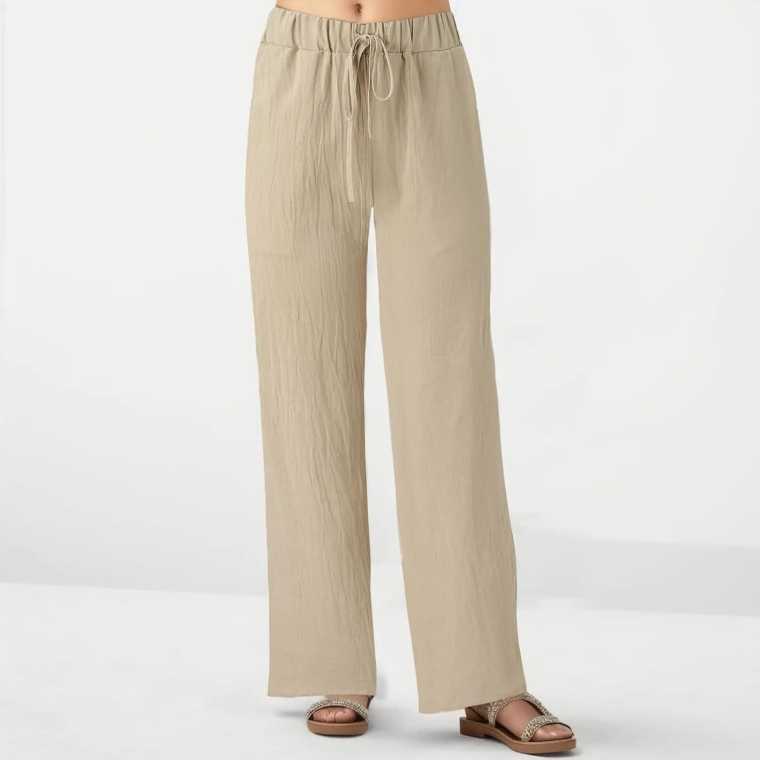 Pocket Pants Wide Loose Casual Solid Women's Leg Bandage Pants Linen Women