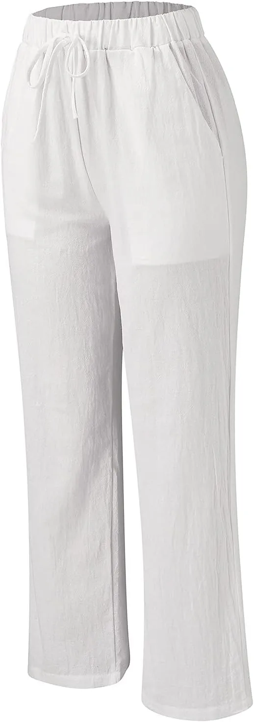 Pocket Pants Wide Loose Casual Solid Women's Leg Bandage Pants Linen Women