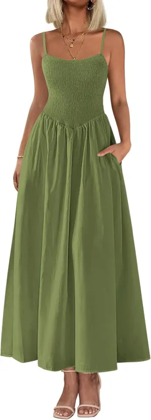 PRETTYGARDEN Women's 2025 Summer Maxi Dresses Beach Sundress Casual Spaghetti Strap Smocked Swing A Line Long Flowy Dress