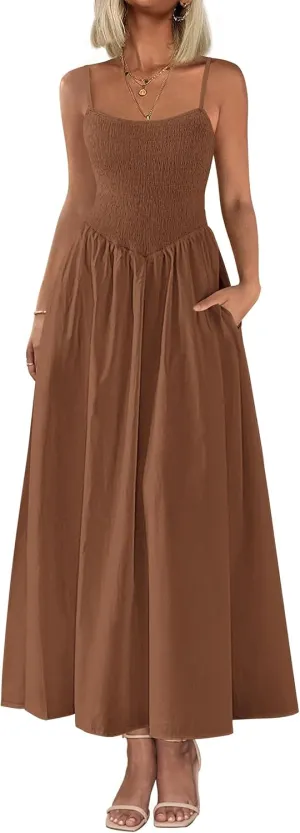 PRETTYGARDEN Women's 2025 Summer Maxi Dresses Beach Sundress Casual Spaghetti Strap Smocked Swing A Line Long Flowy Dress