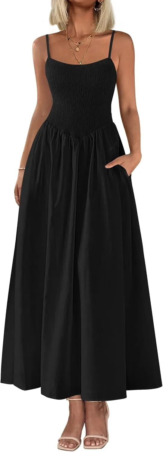 PRETTYGARDEN Women's 2025 Summer Maxi Dresses Beach Sundress Casual Spaghetti Strap Smocked Swing A Line Long Flowy Dress