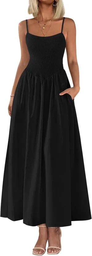 PRETTYGARDEN Women's 2025 Summer Maxi Dresses Beach Sundress Casual Spaghetti Strap Smocked Swing A Line Long Flowy Dress