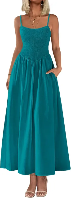 PRETTYGARDEN Women's 2025 Summer Maxi Dresses Beach Sundress Casual Spaghetti Strap Smocked Swing A Line Long Flowy Dress
