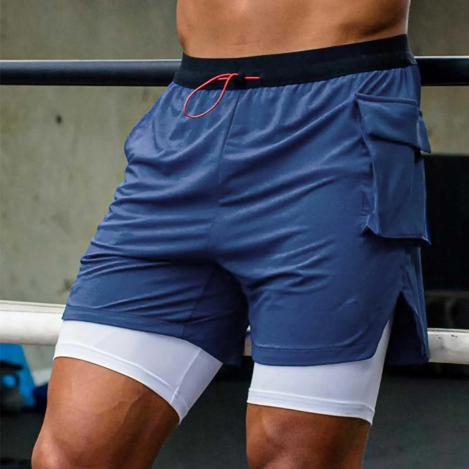 Running Shorts for Men Liner Lace up Elastic Waist Short Quick Dry Breathable Athletic Pants with Zipper Pockets