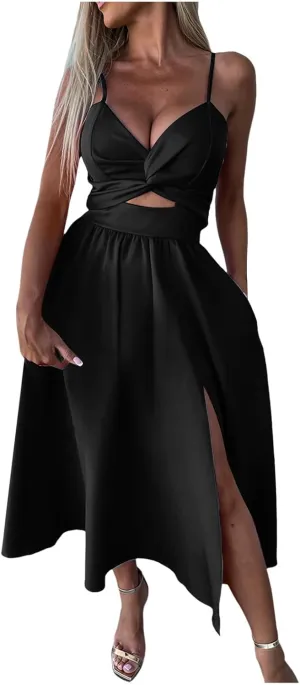 Rvidbe Summer Dresses for Women 2025 Spaghetti Strap Midi Dress Sleeveless V Neck Cutout Slit Casual Beach Party Maxi Dress