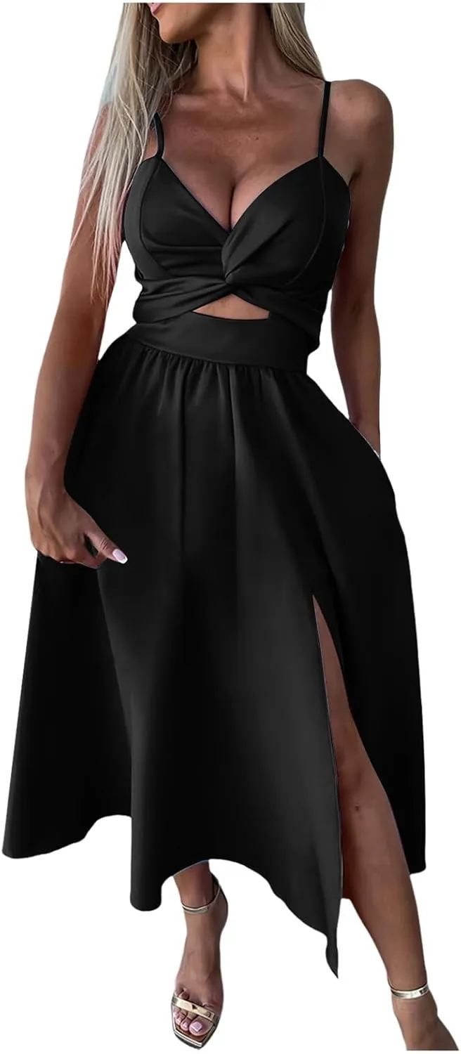 Rvidbe Summer Dresses for Women 2025 Spaghetti Strap Midi Dress Sleeveless V Neck Cutout Slit Casual Beach Party Maxi Dress