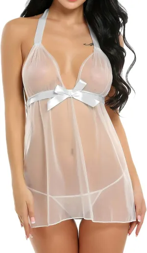 Sexy Lingerie for Women Lace Chemise Babydoll Adjustable Strappy Thong Nightwear Underwear Set Sexy Mesh Nightie
