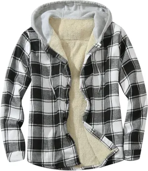 Sherpa Lined Hooded Flannel Jackets for Men Plaid Button Down Sweatshirts Drawstring Hoodie Jackets Winter Warm Coat