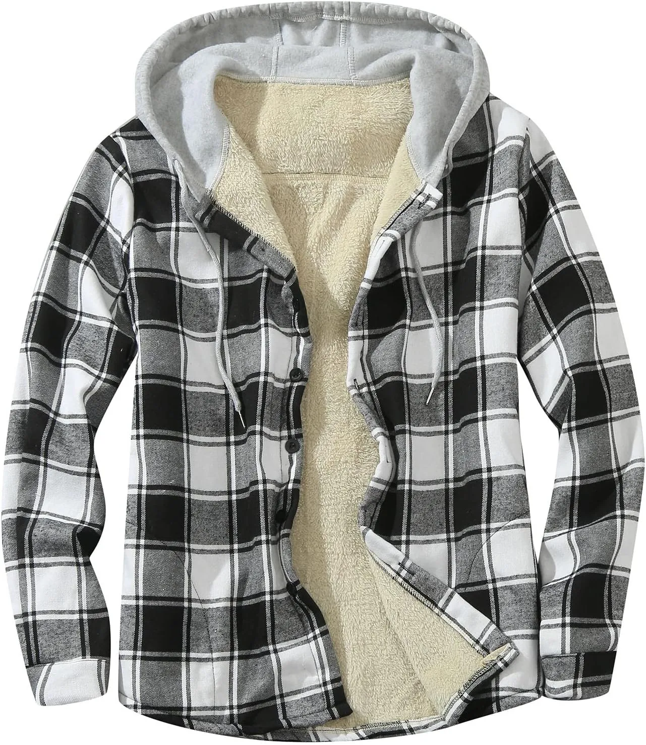 Sherpa Lined Hooded Flannel Jackets for Men Plaid Button Down Sweatshirts Drawstring Hoodie Jackets Winter Warm Coat