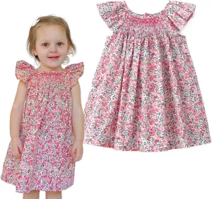 Simplee kids Baby Girl Smocked Dress Summer Casual Short Sleeve Dresses Floral Print Sundress Princess Dress for Toddlers