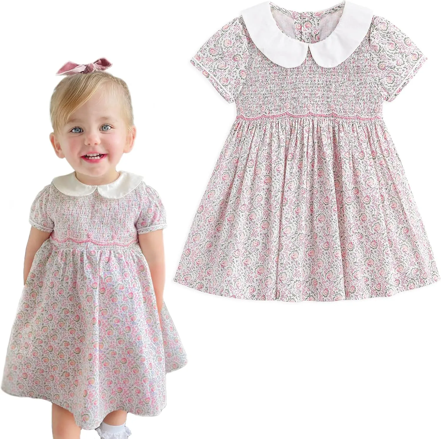 Simplee kids Baby Girl Smocked Dress Summer Casual Short Sleeve Dresses Floral Print Sundress Princess Dress for Toddlers