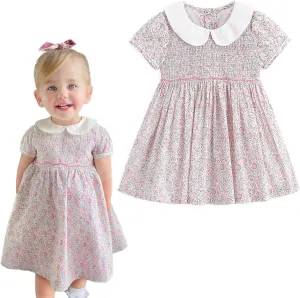 Simplee kids Baby Girl Smocked Dress Summer Casual Short Sleeve Dresses Floral Print Sundress Princess Dress for Toddlers