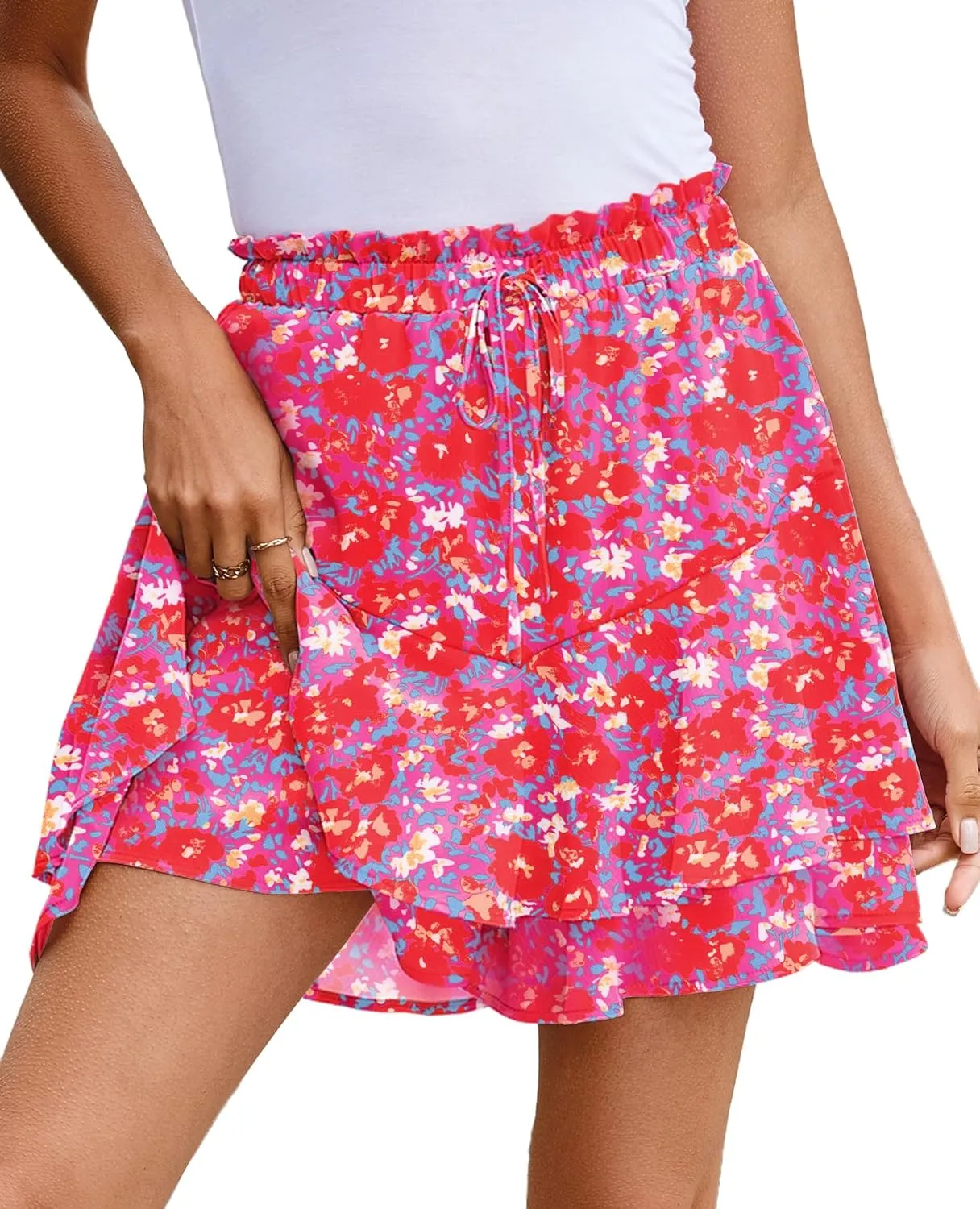 SimpleFun Womens Skorts Floral Ruffled Chiffon Flowy Shorts Summer Flared Mini Skirts