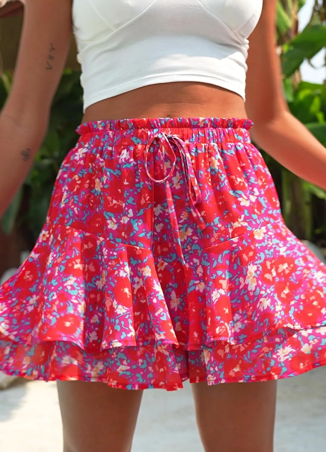 SimpleFun Womens Skorts Floral Ruffled Chiffon Flowy Shorts Summer Flared Mini Skirts