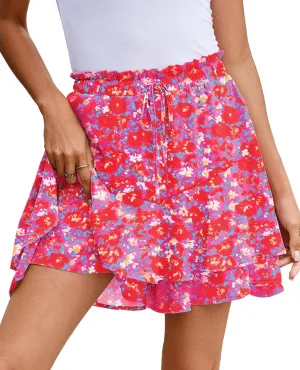 SimpleFun Womens Skorts Floral Ruffled Chiffon Flowy Shorts Summer Flared Mini Skirts