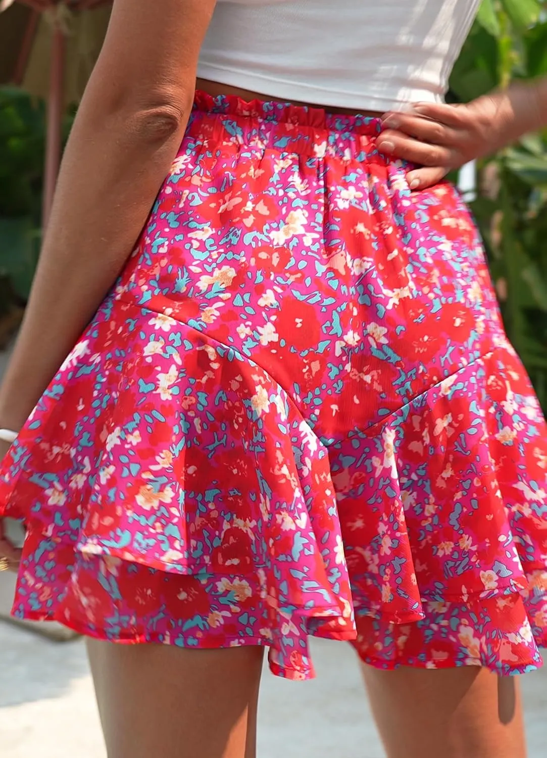 SimpleFun Womens Skorts Floral Ruffled Chiffon Flowy Shorts Summer Flared Mini Skirts