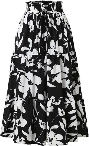 Skirts for Women Trendy Bohemian Floral Print Pleated High Elastic Waist A-Line Knee Length Boha Skirts Streetwear