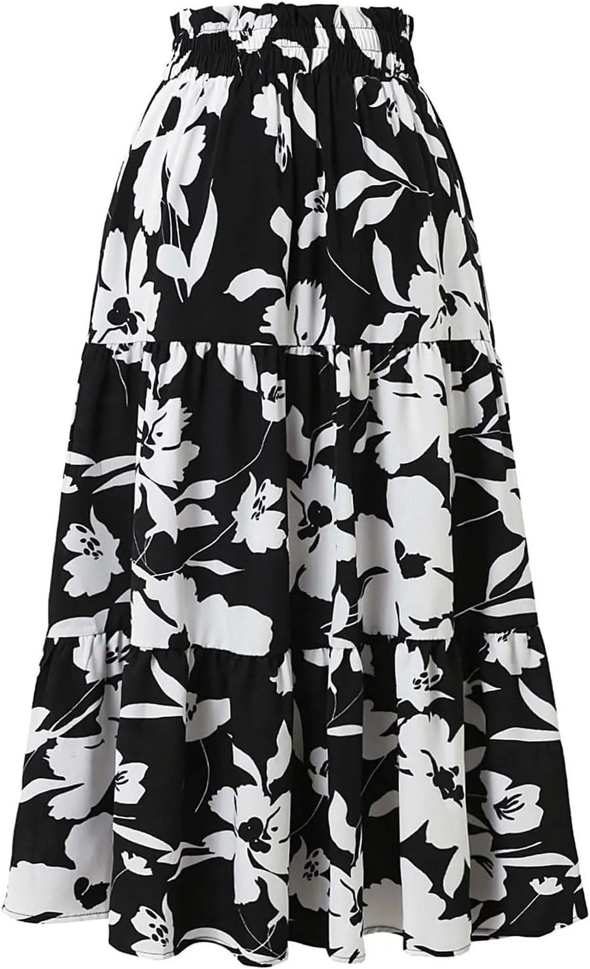 Skirts for Women Trendy Bohemian Floral Print Pleated High Elastic Waist A-Line Knee Length Boha Skirts Streetwear