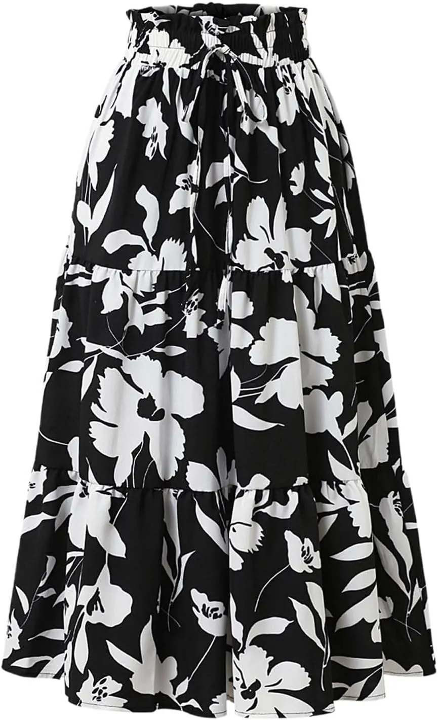 Skirts for Women Trendy Bohemian Floral Print Pleated High Elastic Waist A-Line Knee Length Boha Skirts Streetwear