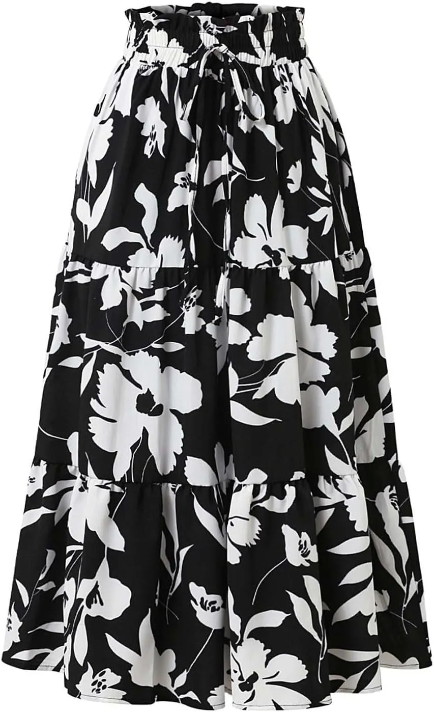 Skirts for Women Trendy Bohemian Floral Print Pleated High Elastic Waist A-Line Knee Length Boha Skirts Streetwear
