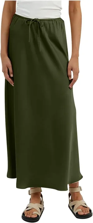Skirts for Women Trendy Summer Drawstring Elastic Waist Business Casual Formal Long Straight Maxi Pencil Skirt Dress