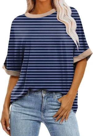 slqdgmryz Half Sleeve Tops for Women Crew Neck Oversized Striped Shirt Casual Cute Elbow Length Tee Shirts Dressy Blouses