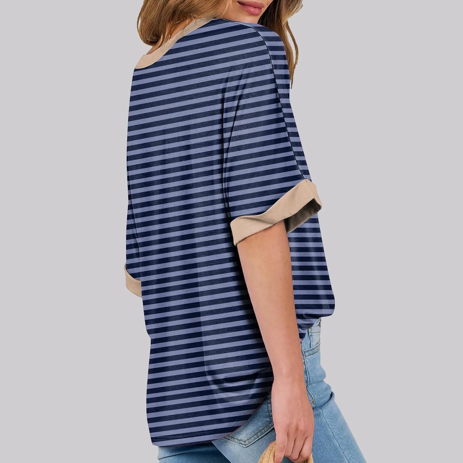 slqdgmryz Half Sleeve Tops for Women Crew Neck Oversized Striped Shirt Casual Cute Elbow Length Tee Shirts Dressy Blouses