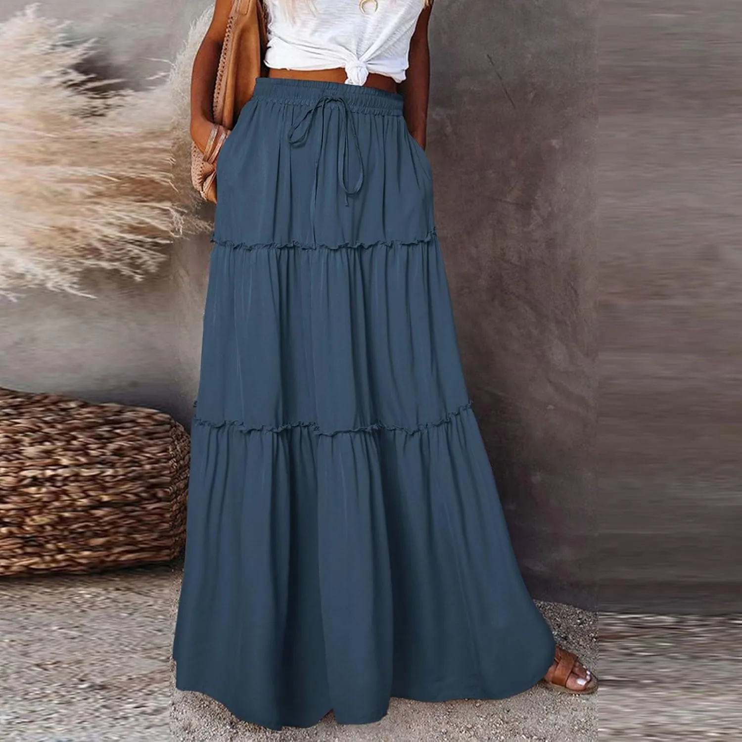 Solid Color Skirts for Women, Maxi Beach Casual Vacation Elegantes Womens Skirts