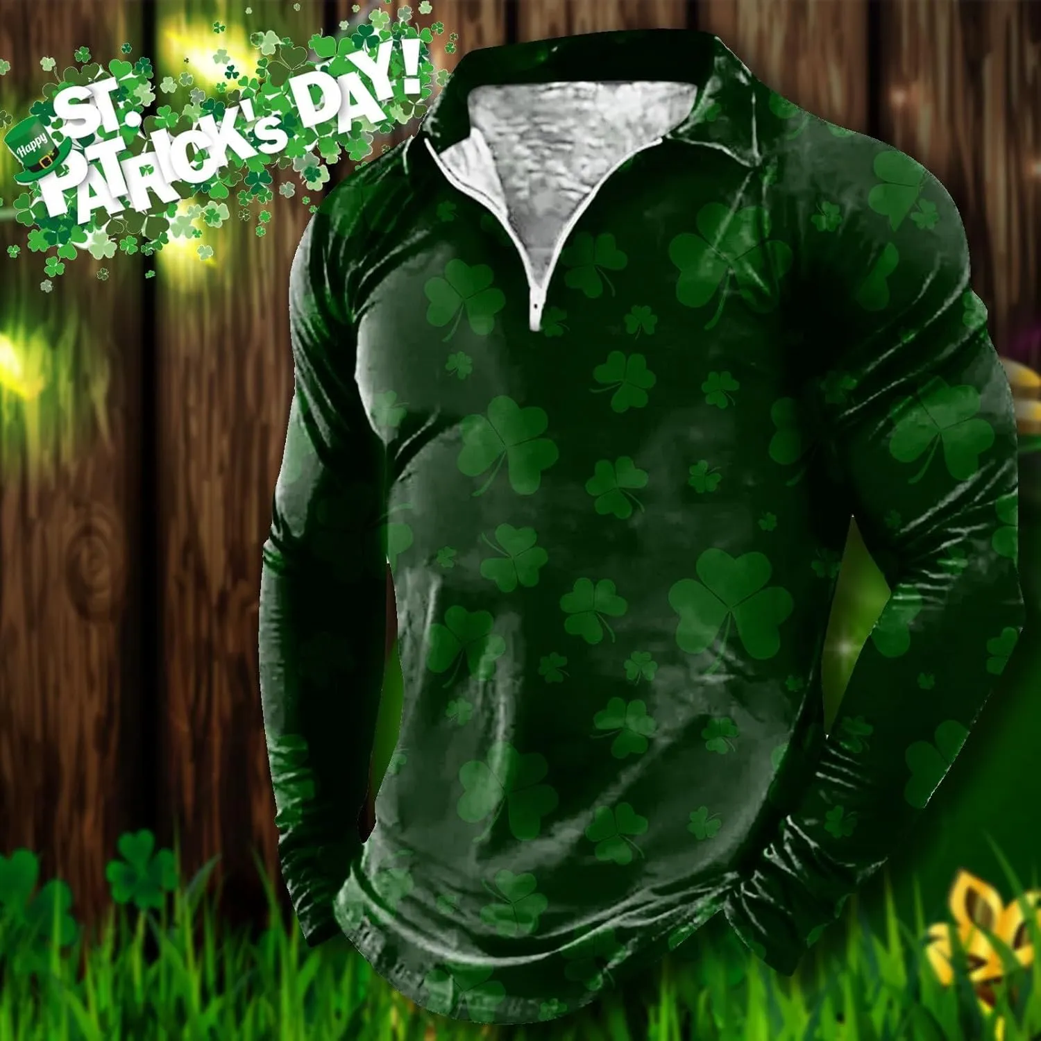 St. Patrick's Day Golf Polo Shirts for Men Funny Irish Green Shamrock Clover Printed Long Sleeve Casual 1/4 Zip Collared Tops