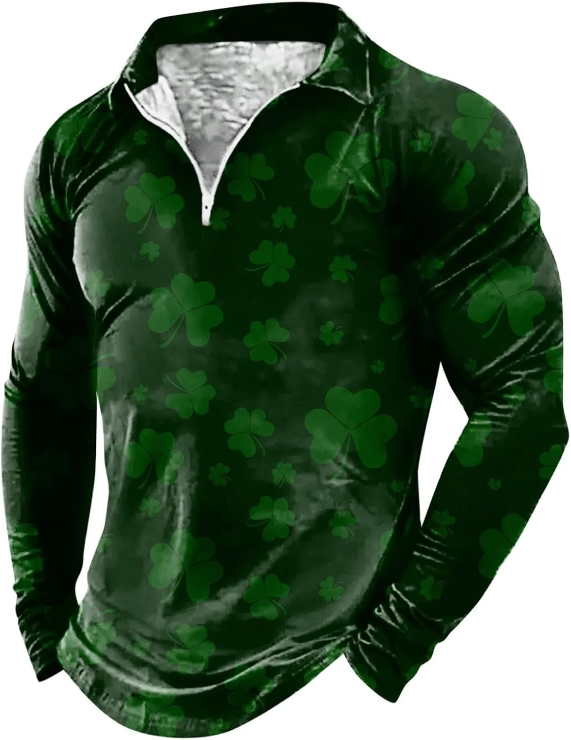 St. Patrick's Day Golf Polo Shirts for Men Funny Irish Green Shamrock Clover Printed Long Sleeve Casual 1/4 Zip Collared Tops