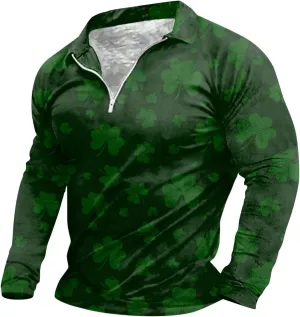St. Patrick's Day Golf Polo Shirts for Men Funny Irish Green Shamrock Clover Printed Long Sleeve Casual 1/4 Zip Collared Tops