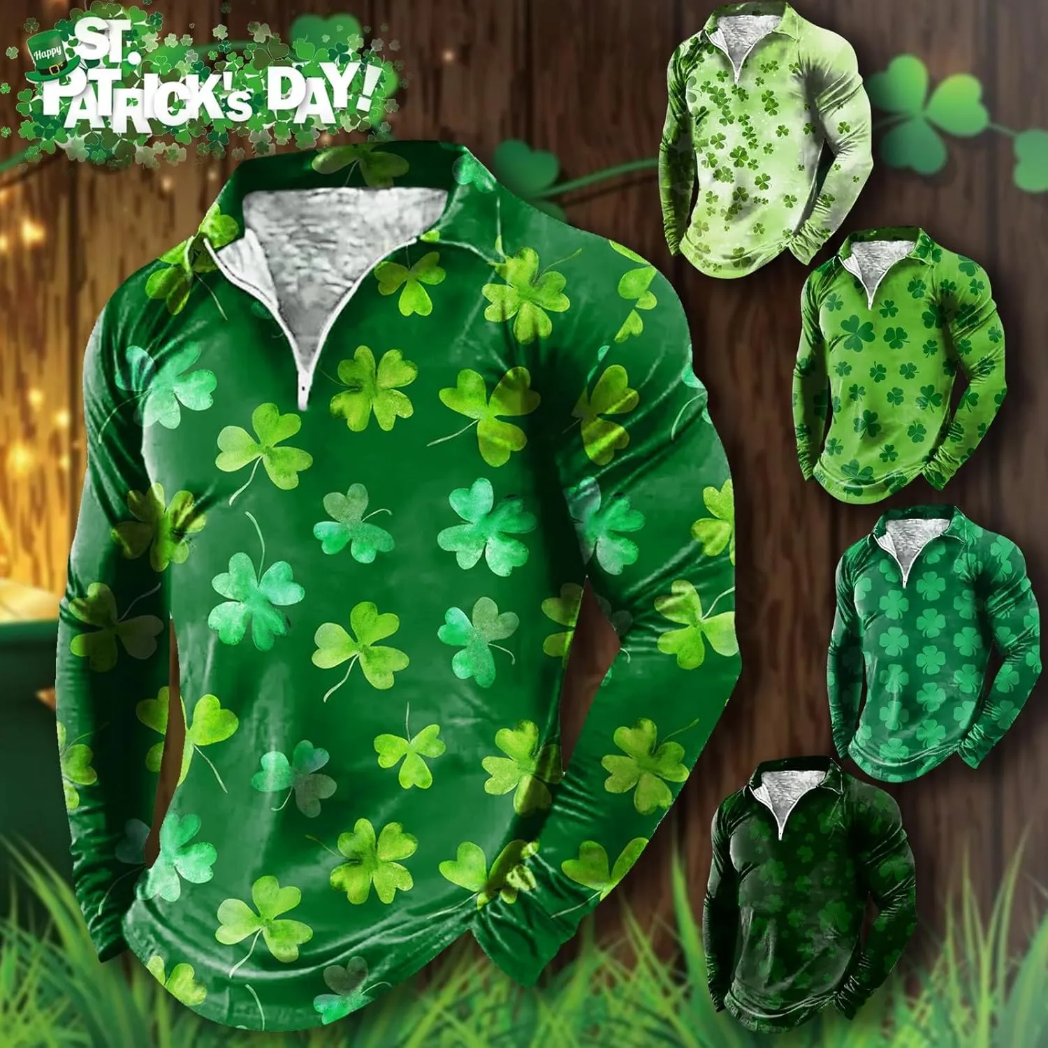 St. Patrick's Day Golf Polo Shirts for Men Funny Irish Green Shamrock Clover Printed Long Sleeve Casual 1/4 Zip Collared Tops