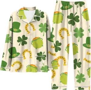 St. Patricks Day Pajamas Set for Women 2 Piece Shamrock Clover All Over Print Long Sleeve Top and Long Pants Lounge Sleepwear