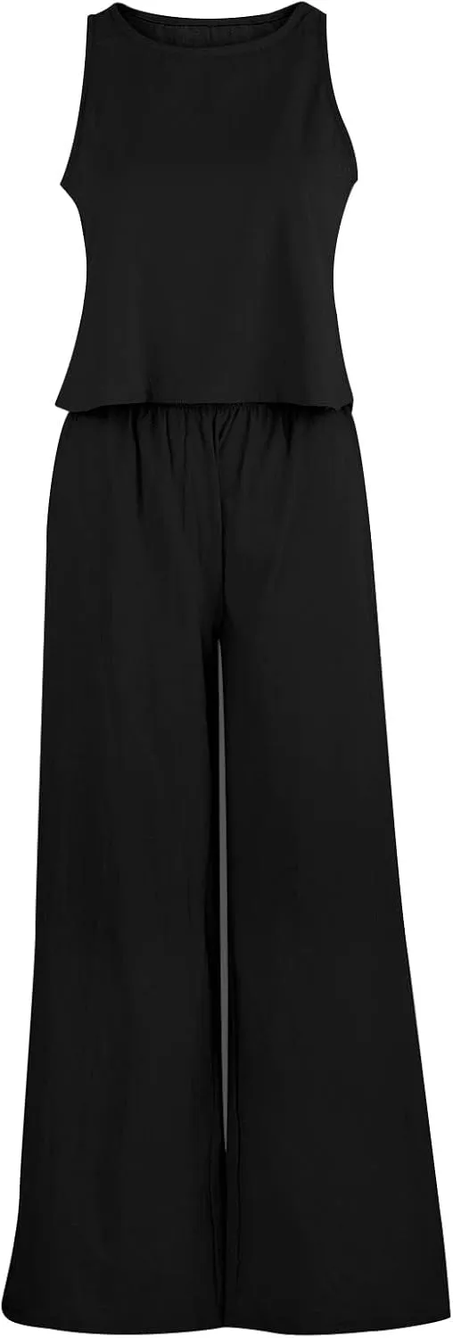 Summer Cotton Linen 2 Piece Outfits for Women Casual Long Sleeve Tshirts Top and Long Pants Business Work Suits