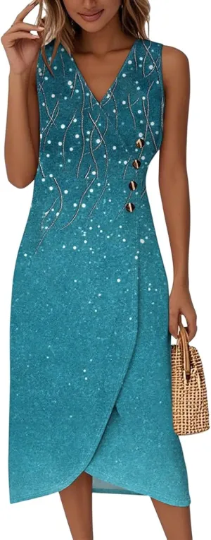 Summer Dresses for Women 2025 Casual V Neck Sleeveless Midi Dress Flowy Irregular Hem Boho Tank Dress