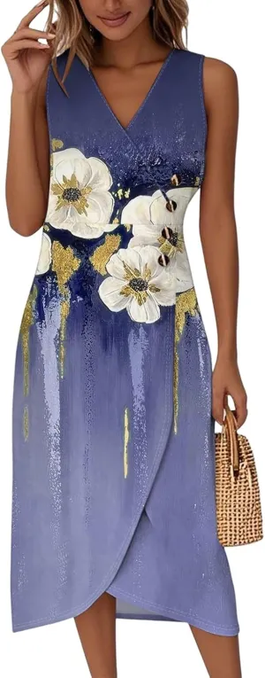 Summer Dresses for Women 2025 Casual V Neck Sleeveless Midi Dress Flowy Irregular Hem Boho Tank Dress