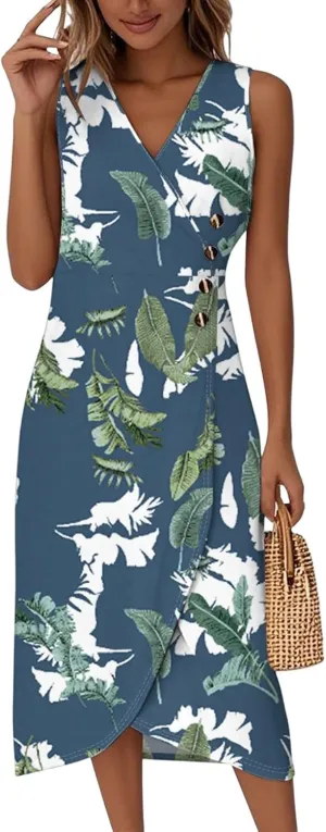 Summer Dresses for Women 2025 Casual V Neck Sleeveless Midi Dress Flowy Irregular Hem Boho Tank Dress
