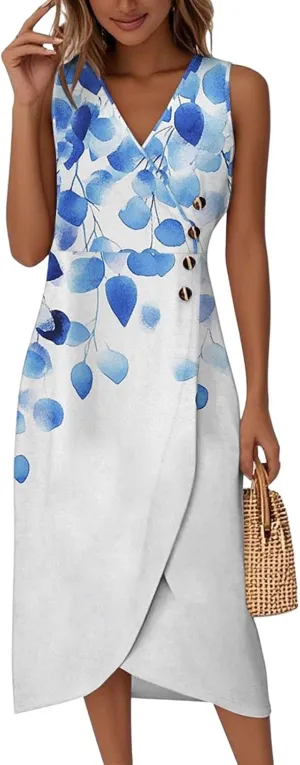 Summer Dresses for Women 2025 Casual V Neck Sleeveless Midi Dress Flowy Irregular Hem Boho Tank Dress