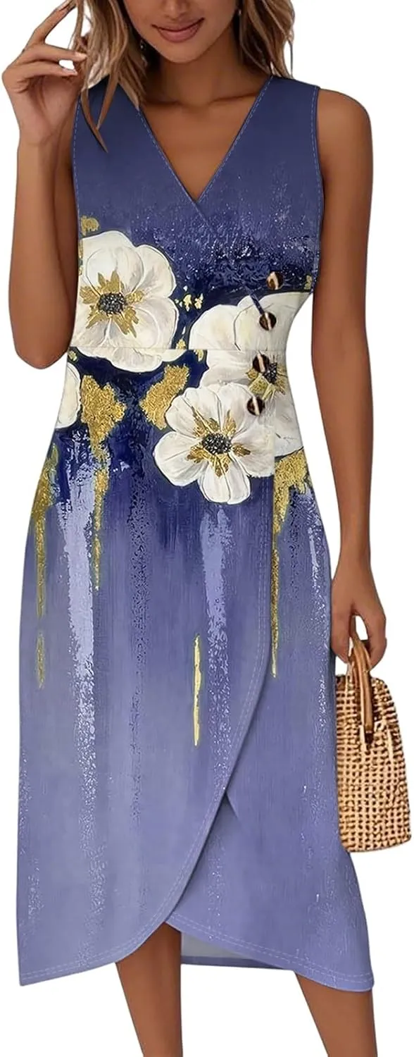 Summer Dresses for Women 2025 Casual V Neck Sleeveless Midi Dress Flowy Irregular Hem Boho Tank Dress