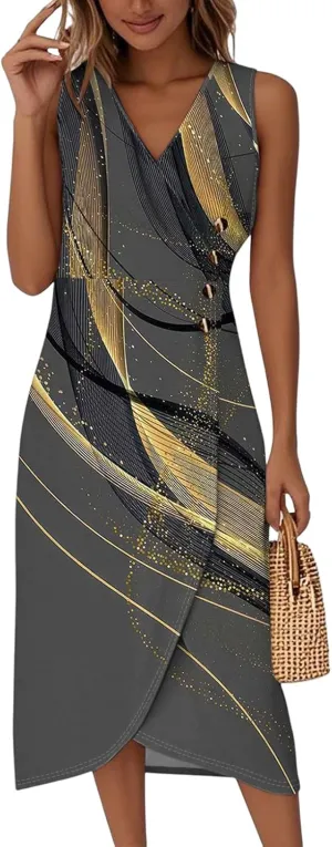 Summer Dresses for Women 2025 Casual V Neck Sleeveless Midi Dress Flowy Irregular Hem Boho Tank Dress