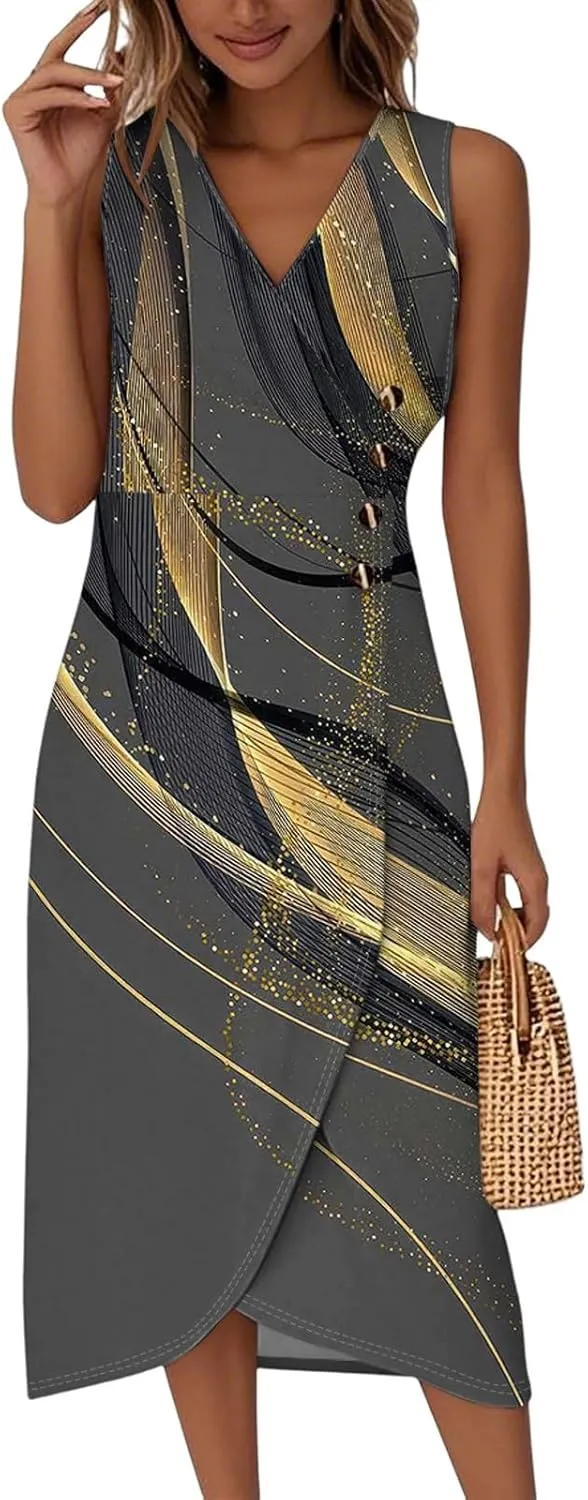 Summer Dresses for Women 2025 Casual V Neck Sleeveless Midi Dress Flowy Irregular Hem Boho Tank Dress