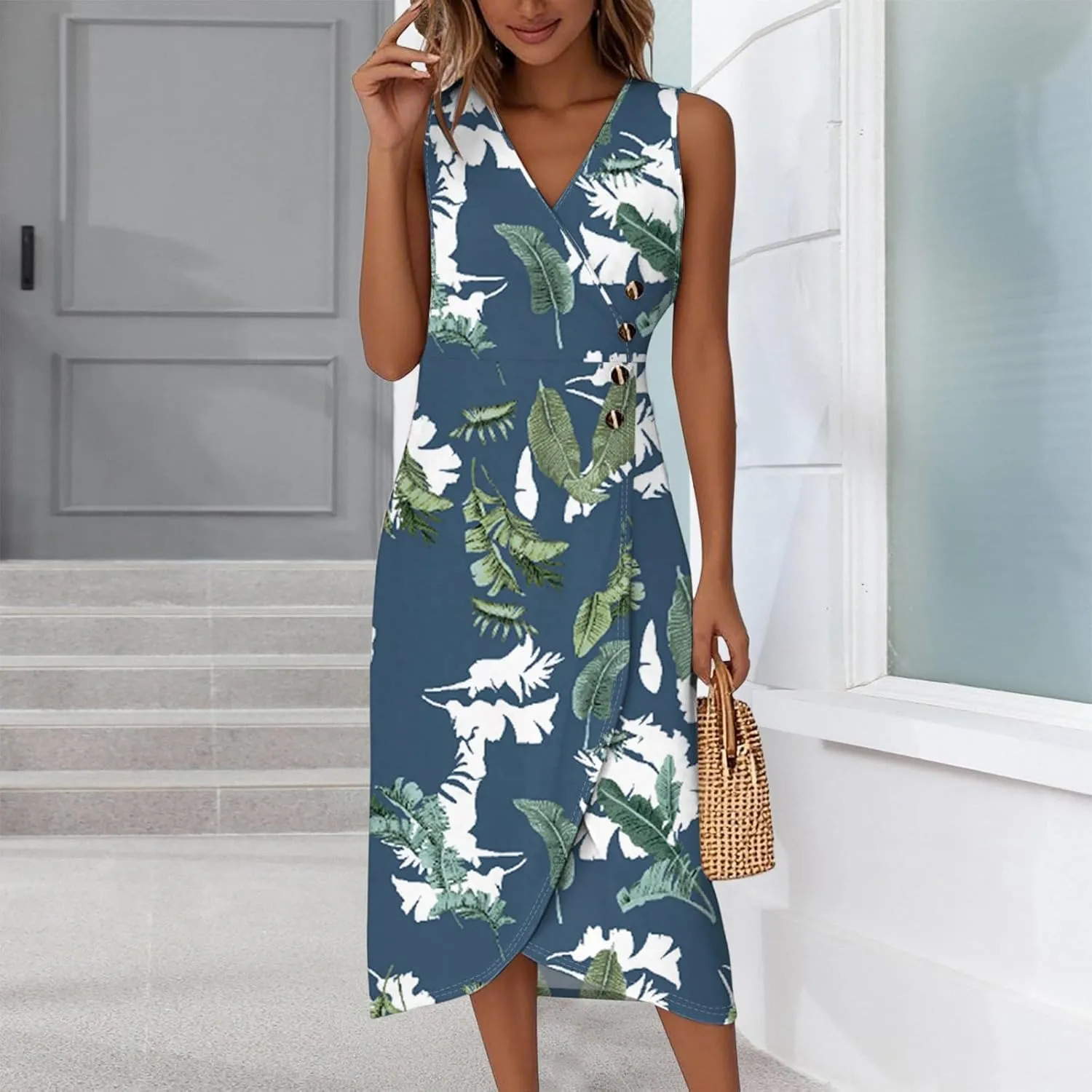 Summer Dresses for Women 2025 Casual V Neck Sleeveless Midi Dress Flowy Irregular Hem Boho Tank Dress