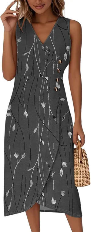 Summer Dresses for Women 2025 Casual V Neck Sleeveless Midi Dress Flowy Irregular Hem Boho Tank Dress