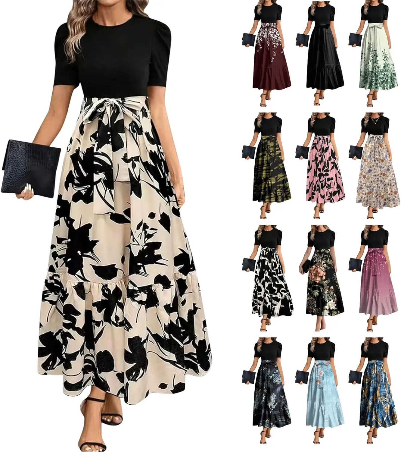Summer Dresses for Women 2025 Fashion Maxi Dress Ruffle Short Sleeve Casual Floral Print Long Flowy Dresses