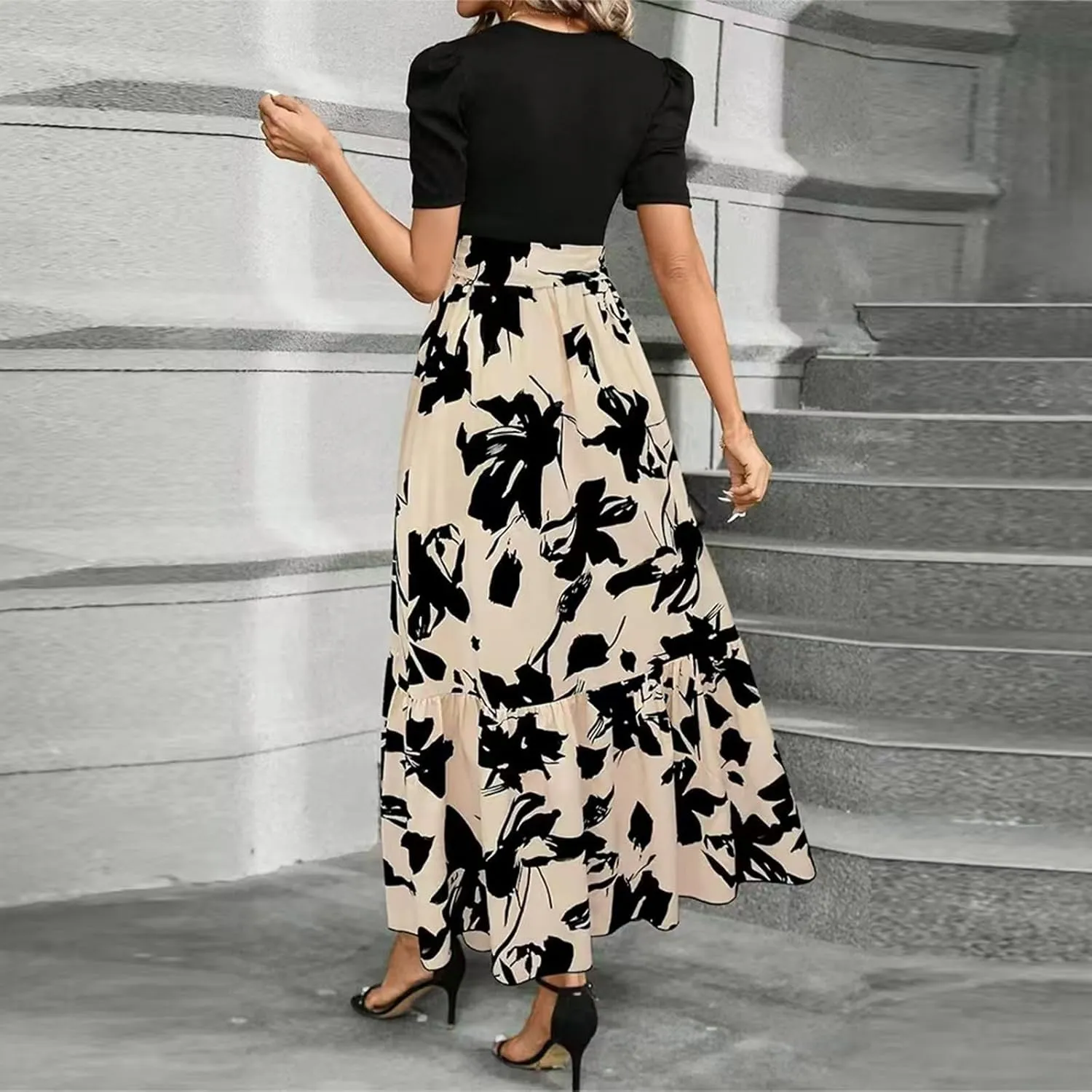 Summer Dresses for Women 2025 Fashion Maxi Dress Ruffle Short Sleeve Casual Floral Print Long Flowy Dresses