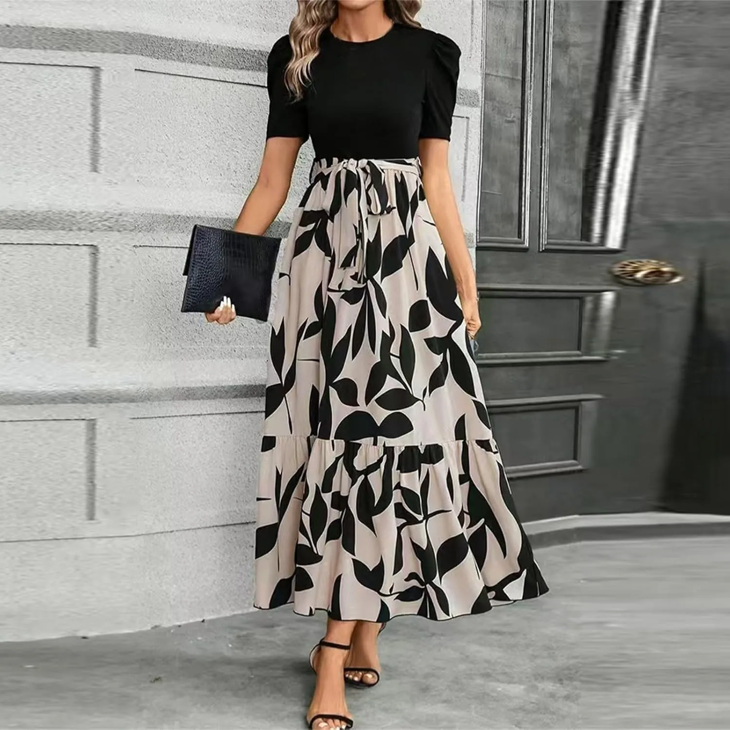 Summer Dresses for Women 2025 Fashion Maxi Dress Ruffle Short Sleeve Casual Floral Print Long Flowy Dresses