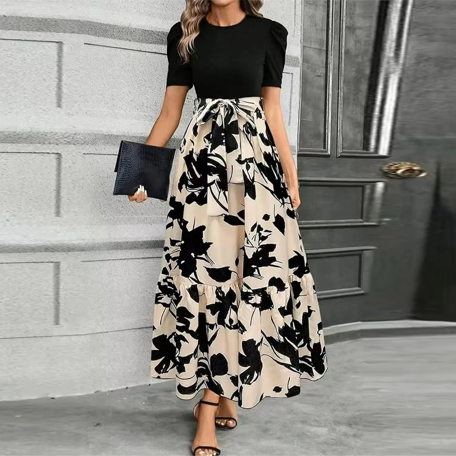 Summer Dresses for Women 2025 Fashion Maxi Dress Ruffle Short Sleeve Casual Floral Print Long Flowy Dresses