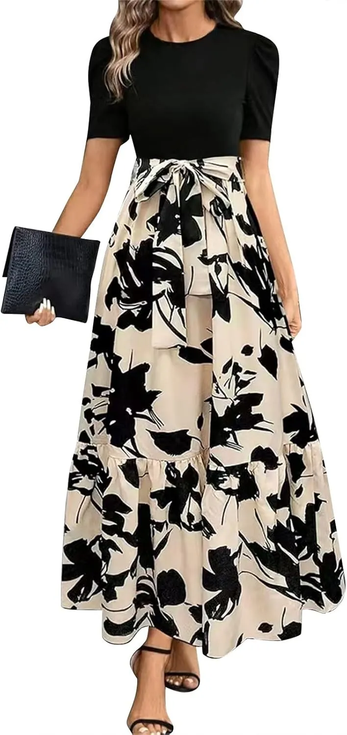 Summer Dresses for Women 2025 Fashion Maxi Dress Ruffle Short Sleeve Casual Floral Print Long Flowy Dresses