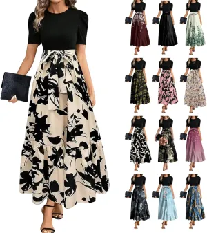 Summer Dresses for Women 2025 Fashion Maxi Dress Ruffle Short Sleeve Casual Floral Print Long Flowy Dresses