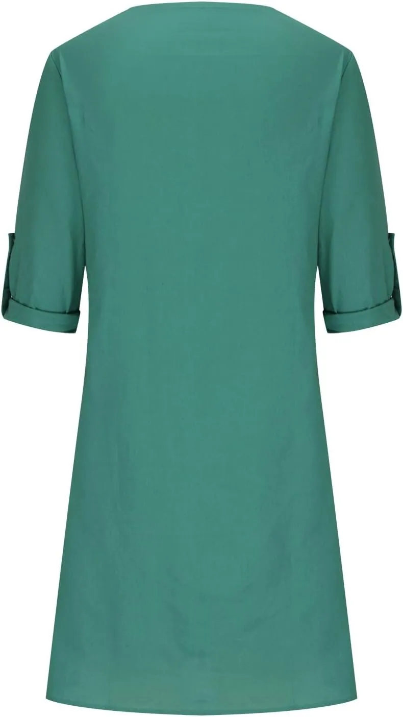 Summer Dresses for Women 2025 Long Sleeve Casual V Neck Vacation Beach Work Trendy Cotton Linen Tshirt Dress